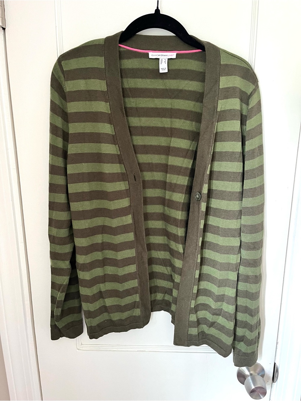 Isaac Mizrahi Olive Striped Knit Cardigan